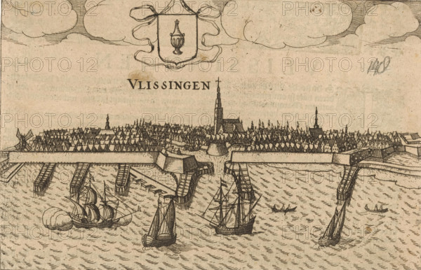 Vlissingen, View of Vlissingen, print, book illustration, View of Vlissingen with the city's coat of arms above left of center and the title below. Dutch text on verso., publisher: Jan Jansz., Arnhem, 1615, Jan Jansz., printmaker, publisher, paper, etching, letterpress printing, woodcut, with woodcut and text in letterpress on verso, height 126 mm x width 195 mm, Print used in: Petit, Jean François le. Nederlantsche Repvblycke, bestaende inde staten so generale, als particulier van 't hertochdom Gelder, graefschap van Hollant, West-vrieslandt, ende van Zeelandt, provincien van Utrecht, Vrieslant, Over-IJssel ende van Groeninghen (…). Arhnem: Jan Jansz., p. 179., prospect of city, town panorama, silhouette of city, coat of arms (as symbol of the state, etc.) (city, municipal), Flushing, A detailed ink drawing of a coastal town seen from the water, with a fortified waterfront and a long row of densely packed rooftops behind it, several steeples rising above the buildings including a tall...