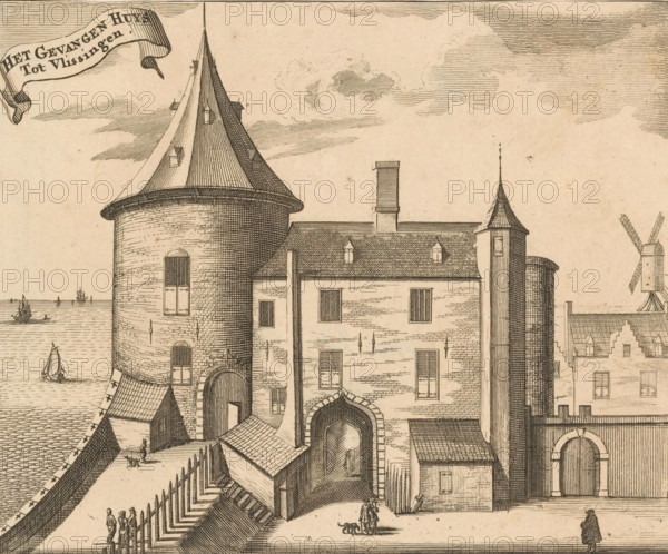 View of the Stock Exchange in Vlissingen, The Stock Exchange in Vlissingen, print, book illustration, View of the Stock Exchange in Vlissingen (right). Above right of the center a banner with the title., printmaker: Johannes Meertens (possibly), Middelburg, publisher: Abraham van Someren (possibly), Amsterdam, 1696, paper, etching, engraving, height 137 mm x width 169 mm, A detailed ink drawing of a waterfront fortress section with towers and attached buildings, showing textured brickwork, arched gateways, narrow windows with shutters, and steep conical roofs with small dormers and finials; a tall chimney rises from a tiled roof, and a cylindrical silo-like structure adjoins a turret; a windmill with angled sails appears at the far right over rooftops; the sea with small sailing boats is visible beyond the fortifications; a sloped ramp and wooden fences run along the water, with a few small human figures and dogs walking near the gates and along the promenade; the sky is filled with fi...