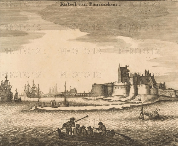 View of Fort Rammekens, Rammekens Castle, print, book illustration, seen from the Western Scheldt. Cut within the plate margin so numbering in the upper right is only partially visible Page 670. No. 1., after print by Pieter Hendricksz. Schut, publisher: Johannes Meertens (possibly), Middelburg, publisher: Abraham van Someren (possibly), Amsterdam, 1696, Pieter Hendricksz. Schut, printmaker, after print by, paper, etching, height 136 mm x width 166 mm, A sepia-toned detailed engraving shows a waterfront scene with multiple sailing ships at anchor and a fortified castle-like building on the shore with ramparts and clustered rooftops. In the foreground a small rowboat carries several seated figures while two standing figures handle oars, and another small boat with people and a flag is visible near the right edge. The water is depicted with fine horizontal waves, a low shoreline with a narrow pier and tiny structures sits between the ships and the castle, and the sky is filled with close...