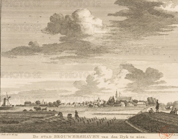 View of Brouwershaven, seen from the dike, 1745, The city of Brouwershaven seen from the Dike, print, book illustration, in the situation around 1745., printmaker: Hendrik Spilman, Haarlem, after drawing by Cornelis Pronk, 1754 - 1792, paper, etching, height 156 mm x width 202 mm, Print also used in: Het verheerlykt Nederland of kabinet van hedendaagsche gezigten van steden, dorpen (…). 9 volumes. Amsterdam: Isaak Tirion and widow Isaak Tirion, 1745-1774, vol. 5 (1754), ill. 69-72. Or in: Dutch Scenes, or a refined collection of nine hundred fine views of cities, villages, castles, antiquities ..... 9 volumes. Amsterdam: Jan de Groot, 1792, ill. 69-72., prospect of city, town panorama, silhouette of city, dikes, levee, Brouwershaven, A wide landscape scene rendered in fine line work showing a large sky filled with layered clouds and scattered small birds, a distant town with clustered buildings and a prominent church with a tower and flag, fields and waterways in the foreground with fi...