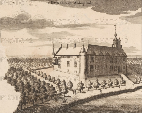 t Kasteel van Aldegonde, View of Aldegonde Castle, print, book illustration, View of Aldegonde Castle in West-Souburg on Walcheren., publisher: Johannes Meertens (possibly), Middelburg, publisher: Abraham van Someren (possibly), Amsterdam, 1696, printmaker, paper, etching, engraving, height 132 mm x width 164 mm, An etching of a large castle-like building with steep roofs, turrets, and a tall spire topped by a flag, set beside a body of water with a bridge leading to an entrance; rows of trees and gardens surround the building, with pathways and small groups of walking figures; a lone mounted rider is visible near the water's edge; the sky is filled with lined cloud patterns and scattered birds.