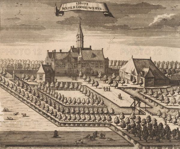 View of Waterlooswerve House, t Huys Waterloose-Werve, print, book illustration, View of Waterlooswerve House in Aagtekerke on Walcheren., publisher: Johannes Meertens (possibly), Middelburg, publisher: Abraham van Someren (possibly), Amsterdam, 1696, printmaker, paper, etching, height 133 mm x width 160 mm, A sepia-toned engraving shows a large manor with a tall central tower and steep tiled roofs surrounded by walled grounds and rows of evenly spaced trees; formal gardens with geometric beds and lined walkways extend outward, bordered by waterways crossed by a small wooden bridge; adjacent buildings with pitched roofs sit near the main house and a low wall encloses the complex; tiny human figures appear on paths and near the entrance, and small animals inhabit the open grassy areas; the sky is filled with fine horizontal shading and scattered groups of birds.