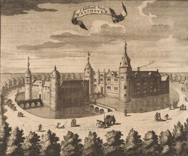 View of Westhove Castle, t Kasteel van Westhoven, print, book illustration, View of Westhove Castle near Oostkapelle on Walcheren. Numbered top right: Page 670., publisher: Johannes Meertens (possibly), Middelburg, publisher: Abraham van Someren (possibly), Amsterdam, 1696, printmaker, paper, etching, height 140 mm, width 166 mm, A detailed ink drawing of a large fortified building with multiple towers and turrets surrounded by a water-filled moat, connected to the surrounding land by arched bridges; the building shows many windows, pitched roofs, and decorative finials atop several towers. The scene includes a curved road along the moat with small groups of people walking, standing, and conversing, carriages drawn by horses, and individual figures in various poses. Trees and dense foliage frame the foreground and extend into the background, while the sky above features layered cloud formations and a flowing ribbon-like banner suspended in the air. The overall image is rendered in fine...