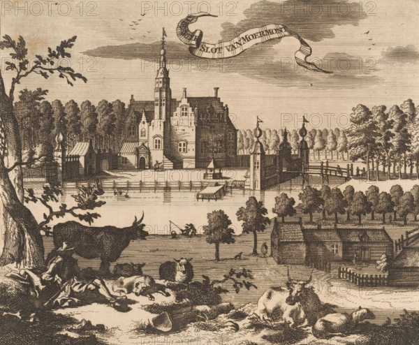 View of Moermond Castle, The Lordly Castle of Moermond, print, book illustration, View of Moermond Castle in Renesse in Zeeland. In the foreground a shepherd with cows and sheep., publisher: Johannes Meertens (possibly), Middelburg, publisher: Abraham van Someren (possibly), Amsterdam, 1696, printmaker, paper, etching, height 137 mm x width 161 mm, Originally printed from a single plate with one other image. Print in its entirety also used in: Smallegange, Mattheus. New Chronicle of Zeeland (…). Middelburg and Amsterdam: Johannes Meertens and Abraham van Someren, 1696. Current depiction later (plate possibly cut) with another depiction from the same plate and separately printed decorative border also used in: Aa, Pieter van der. La galerie agreable du monde, 66 volumes. Leiden: Pieter van der Aa, 1728, vol. 22., herding, herdsman, herdswoman, shepherd, shepherdess, cowherd, sheep, cow, castle, Renesse, Slot Moermond, A detailed engraving showing a large fortified manor with towers, ste...
