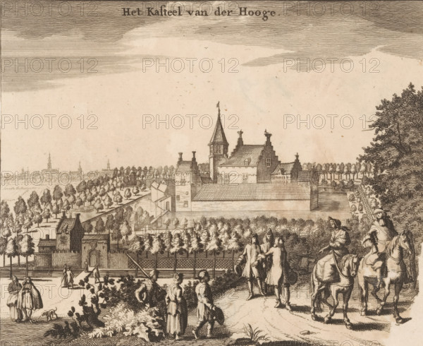 View of Ter Hooge Castle, The Castle of der Hooge, print, book illustration, View of Ter Hooge Castle in Koudekerke on Walcheren. Middelburg in the background on the left., publisher: Johannes Meertens (possibly), Middelburg, publisher: Abraham van Someren (possibly), Amsterdam, 1696, printmaker, paper, etching, engraving, height 132 mm x width 163 mm, A detailed ink landscape shows a walled estate with a large central building featuring a steep roof, stepped gables, chimneys, and a tall tower with a pointed spire; rows of trees and planted orchards extend around the estate and into the distant horizon where a low town skyline with spires and towers is visible; in the foreground several small groups of people are depicted walking and conversing on paths, some on horseback and others on foot, with figures wearing period clothing and hats; a low waterway or canal runs near the estate with a bridge and small boats, and a dense cluster of foliage and a large tree frame one side of the scen...