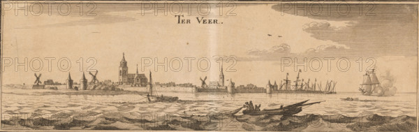 Ter Veer, View of Veere, print, seen from the water. Title at the top center., printmaker: Caspar Merian, Frankfurt am Main, 1654 - c. 1700, Hesse, paper, etching, height 106 mm x width 321 mm, Print used in: Zeiller, Martin. MZ Topographia Germaniae-Inferioris vel Circuli-Burgundici, 1659. Or in one of the two later editions of this publication which, although the year 1659 is mentioned therein as the year of publication, were published in ca. 1670 and ca. 1700 respectively., prospect of city, town panorama, silhouette of city, church (exterior), Veere, A wide coastal scene shows a fortified town with towers, walls, and clustered rooftops along the shoreline beneath a sky with layered clouds and a couple of birds. Several windmills and church towers rise above the town. In the foreground choppy waters fill the lower half of the image with wave patterns. Boats and ships occupy the water: a small rowboat with several figures near the front, a sailing vessel with a single mast closer to ...