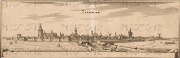 View of Zierikzee, Ziricksee, print, View of Zierikzee. Top middle the title., printmaker: Caspar Merian, Frankfurt am Main, 1654 - c. 1700, Hessen, paper, etching, height 107 mm x width 320 mm, Print used in: Zeiller, Martin. MZ Topographia Germaniae-Inferioris vel Circuli-Burgundici, 1659. Or in one of the two later editions of this publication which, although the year 1659 is mentioned therein as the year of publication, were published in ca. 1670 and ca. 1700 respectively., prospect of city, town panorama, silhouette of city, church (exterior), Zierikzee, A wide panoramic ink drawing shows a fortified town along a waterfront with a continuous stone wall punctuated by towers and gateways; behind the wall a dense array of buildings rises, including large Gothic-style churches with tall steeples and ornate roofs, clustered houses with pitched roofs, and several windmills with sails. In the foreground a broad shoreline and shallow water contain small boats, a sailboat near a ramped sto...