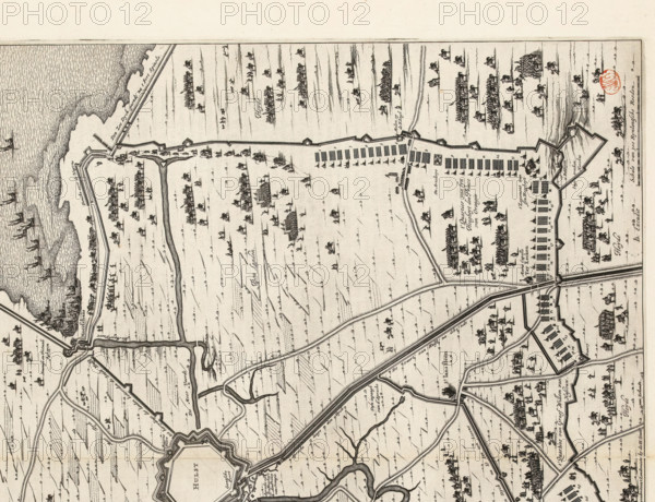 Siege of Hulst by Frederik Hendrik, 1645, The Siege of the City of Hulst by His Highness the Prince of Orange in the Year 1645, La Siege de Hulst Per Son Altesse la Prince d'Orangie, print, map, Siege and conquest of Hulst by the States Army under Frederik Hendrik from 28 September to 5 November 1645. Plan of the city of Hulst and the surrounding land with the encirclement and the besiegers' camps. Bottom left a cartouche with the legend 1-26. Bottom right a scale bar: Scale of 300 Rhineland Rods. On verso Dutch text., printmaker: workshop of Claes Jansz. Visscher (II), Amsterdam, printmaker: Pieter Hendricksz. Schut (possibly), Northern Netherlands, cartographer: Johan van Duynen, Zeeland, publisher: Johannes Willemszoon Blaeu, 1652, paper, etching, engraving, letterpress printing, etching and engraving, with text in letterpress on verso, height 441 mm x width 569 mm, Print used in: Blaeu, vol. 1., Person, Frederick Henry (Prince of Orange), maps of separate countries or regions, sieg...