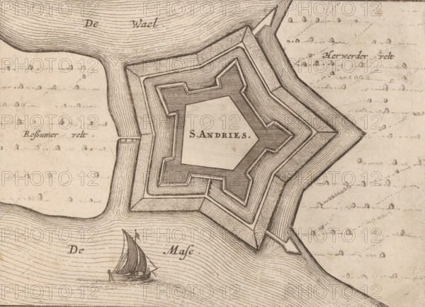 Fortress plan of Fort Sint-Andries, S. Andries, area plan, print, Fortress plan of Fort Sint-Andries near Heerewaarden. A small ship in the water., printmaker: Nicolaes van Geelkercken, publisher: Jacob van Biesen, Arnhem, 1653 - 1672, paper, etching, engraving, height 126 mm x width 168 mm, ships (in general), maps of cities, fortified city, Heerewaarden, Fort Sint-Andries, A detailed ink drawing of a star-shaped fort with layered angular bastions surrounded by concentric defensive earthworks and water channels, shown at an oblique angle; a small sailing boat with a single mast and billowing sail is depicted on the textured water near the fort, and the surrounding land contains scattered small rounded tree or shrub symbols and faint linear markings.