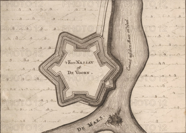 Fortress plan of Fort de Voorn, also known as Fort Nassau, 't Fort Nassau oft De Voorn, area plan, print, also known as Fort Nassau., printmaker: Nicolaes van Geelkercken, publisher: Jacob van Biesen, Arnhem, 1653 - 1672, Nicolaes van Geelkercken, Jacob van Biesen, printmaker, publisher, paper, etching, engraving, height 126 mm x width 172 mm, ships (in general), maps of cities, fortified city, Fort de Voorn, A hand-drawn map fragment showing a star-shaped fort with layered walls and angled bastions surrounded by patterned shading, positioned adjacent to a wide river with closely spaced parallel lines indicating water flow and a small boat with figures near a confluence; the surrounding land is lightly textured with scattered small rounded tree symbols and short dashed lines suggesting terrain, and the drawing uses fine ink lines and stippling throughout.