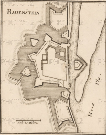 Fortress map of Ravenstein, Ravenstein, area plan, print, Fortress map of Ravenstein. Bottom left a scale stick: Scala von 25 Ruhten., printmaker: Caspar Merian, Frankfurt am Main, after design by Johann Merck, 1654 - c. 1700, Hessen, paper, etching, engraving, height 175 mm x width 142 mm, Print used in: Zeiller, Martin. MZ Topographia Germaniae-Inferioris vel Circuli-Burgundici, 1659. Or in one of the two later editions of this publication which, although the year 1659 is mentioned therein as the year of publication, were published in ca. 1670 and ca. 1700 respectively., maps of cities, fortified city, An aged map section rendered in sepia tones showing a star-shaped fortified structure with angular bastions and shaded hatching indicating ground or water around it, a meandering river drawn with textured lines alongside the fort, a smaller isolated pentagonal fortification within the river, decorative border lines framing the sheet, and a large bold title word at the top left.