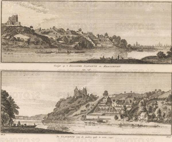 Two views of the Slavante Monastery near Maastricht, View of the Slavante Monastery and Maastricht, The Slavante seen from the other side, 1740, print, book illustration, Two views of the Slavante Monastery and Maastricht, in the situation around 1740., printmaker: Hendrik Spilman, Haarlem, after drawing by Jan de Beijer, 1746 - 1792, paper, etching, engraving, height 168 mm x width 214 mm, Print also used in: Het verheerlykt Nederland or cabinet of contemporary views of cities, villages (…). 9 volumes. Amsterdam: Isaak Tirion and widow Isaak Tirion, 1745-1774, vol. 2 (1746), ill. 133-134 and 135-136. Or in: Nederlandsche tafereelen, of eene netjese collectie van negen honderd fijnje gezigten van steden, dorpen, sloten, oudheden (….). 9 volumes. Amsterdam: Jan de Groot, 1792, ill. 133-134 and 135-136., prospect of city, town panorama, silhouette of city, cloisters, monastery, Maastricht, A detailed engraved landscape showing two horizontal panels of a riverside scene with rocky hills a...