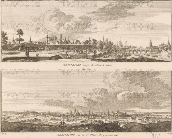 Two views of Maastricht, from the Meuse and from the Sint-Pietersberg, Maastricht seen along the Meuse, Maastricht seen from the St. Pieters Berg 1740, print, book illustration, Two views of Maastricht. Above seen from the Meuse. Below seen from the Sint-Pietersberg, in the situation around 1740., printmaker: Hendrik Spilman, Haarlem, after drawing by Jan de Beijer, 1746 - 1792, paper, etching, engraving, height 168 mm x width 219 mm, Print also used in: Het verheerlykt Nederland of kabinet van hedendaagsche gezigten van steden, dorpen (…). 9 volumes. Amsterdam: Isaak Tirion and widow Isaak Tirion, 1745-1774, vol. 2 (1746), ill. 129-130 and 131-132. Or in: Dutch Scenes, or a refined collection of nine hundred fine views of cities, villages, castles, antiquities (….). 9 volumes. Amsterdam: Jan de Groot, 1792, ill. 129-130 and 131-132., prospect of city, town panorama, silhouette of city, Maastricht, A horizontal sepia-toned etching showing two panoramic cityscapes stacked vertically, ea...