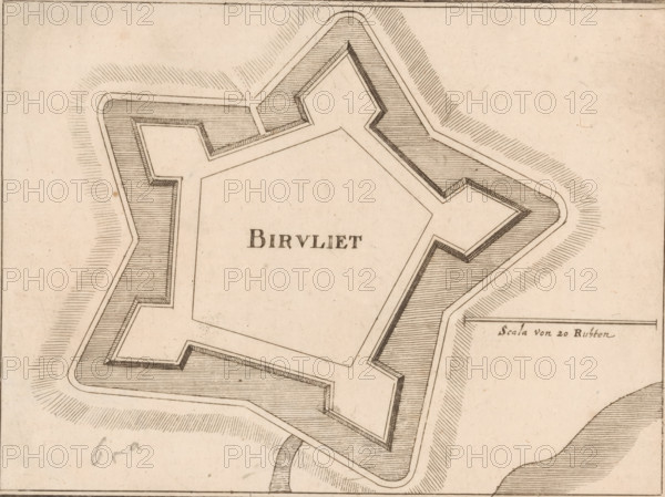 Fortress map of Biervliet, Birvliet, area plan, print, Fortress map of Biervliet. On the right a scale stick: Scala von 20 Ruhten., printmaker: Caspar Merian, Frankfurt am Main, after design by Johann Merck, 1654 - c. 1700, Hessen, paper, etching, height 135 mm x width 258 mm, Print used in: Zeiller, Martin. MZ Topographia Germaniae-Inferioris vel Circuli-Burgundici, 1659. Or in one of the two later editions of this publication which, although the year 1659 is mentioned therein as the year of publication, were published in ca. 1670 and ca. 1700 respectively., maps of cities, fortified city, Biervliet, A beige-toned map fragment showing a geometric fortification with thick outlined walls forming a star-like shape and shaded inner ramparts, hatched lines indicating earthworks radiating outward, angular bastions and recessed chambers, narrow walkways along the inner perimeter, and areas of cross-hatching to show depth, all drawn with fine dark ink lines on aged paper.