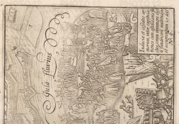 Siege of Ostend: the peace negotiations on December 23-25, 1601, Induciae et cessatio armorum, inter capitulationes cum Ostendans, print, between the States Army in the city and the besieging troops of Archduke Albert. The people have gathered on both sides of the fortress walls and the river. In the lower right, a cartouche with an inscription in Latin. Numbered in the lower right: 6., printmaker: Baptista van Doetechum (possibly), 1601 - 1604, 1615, paper, etching, height 171 mm x width 241 mm, A detailed line drawing shows a crowded scene with many small figures wearing varied headgear and cloaks, some standing and some seated, gathered along a shoreline and aboard several rowed boats and carriages with large wheels; tents or awnings and flags appear among the figures, and there are groups of people clustered around barrels and stacked objects near the water; architecture with balconies and crowds is visible along the upper edge, and the composition is filled with intricate hatch ma...