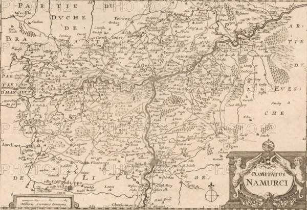 Map of the County of Namur, Comitatus Namurci, print, map, Map of the County of Namur. Title cartouche in the lower right. In the lower left a cartouche with scale bar: 3 Milliaria Germanica Communia. The map features a degree scale along the edges. Numbered to the left of the title cartouche: 24., printmaker, Pieter van der Slaart, Pieter van Alphen, Jacob Aertsz. Colom (I), paper, engraving, etching, height 154 mm x width 226 mm, This state of print also used in: De vyerighe colom klaer vertoonende in vyftich onderscheydene curieuse caarten de XVII. Nederlantsche Provincien (…). Amsterdam: Jacob Aertsz Colom (I), ca. 1660. And in later editions with the plates of this publication, published by Pieter van Alphen (1691) and Pieter van der Slaart (1696). Earlier state of print (without '24' bottom right) also used in earlier printings of this publication., maps of separate countries or regions, Namur (county), A sepia-toned historical map showing a densely labeled region with winding ri...