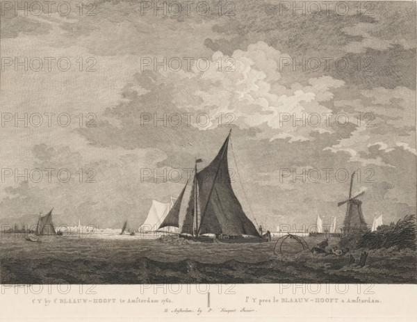 Ships on the IJ near Blauwhoofd in Amsterdam, 1762, t' Y by t' Blaauw-Hooft te Amsterdam 1762, l' Y pres le Blaauw-Hooft a Amsterdam, print, View of the IJ near Blauwhoofd with sailing ships. On the right, one of the city's wastewater mills and two fishermen in a rowboat. Below the image, the title in Dutch and French. Numbered in the upper right: 42., printmaker: Paulus van Liender, publisher: Pierre Fouquet, Amsterdam, 1762 - 1783, paper, etching, engraving, height 286 mm x width 394 mm, A wide seascape rendered in fine monochrome lines showing a large sailboat with dark sails near the center foreground, additional smaller sailing vessels spread across the water, a windmill on the right shoreline, distant low-lying buildings along the horizon, textured rippling water in the foreground, a partly cloudy sky with layered cloud formations, and a shoreline area on the right with grasses and a small figure near the water.
