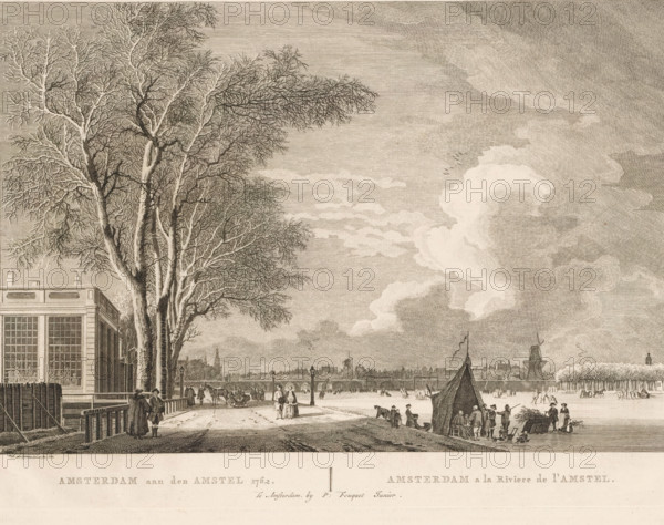 Amsterdam on the Amstel 1762, Amsterdam a la Riviere de l'Amstel, View of the frozen Amstel in Amsterdam, 1762, print, View of the frozen Amstel in Amsterdam with skating figures and sledders on the ice, and walking figures on the quay. On the left, the Amsteldijk with the inn De Berebijt seen towards the Hogesluis. On the right in the background, the windmill De Bul on the Oosterblokhuis bulwark. Below the image, the title in Dutch and French. Numbered in the upper right: 2., printmaker: Paulus van Liender, after design by Paulus van Liender, publisher: Pierre Fouquet, Amsterdam, 1762 - 1783, Paulus van Liender, Pierre Fouquet, printmaker, publisher, paper, etching, engraving, height 280 mm x width 392 mm, A wide sepia-toned engraving showing tall leafless trees beside a large building with tall windows at the left edge, a paved path lined with lamp posts and people walking, a frozen river or ice expanse across the middle with small groups of figures skating and standing, a tent-like ...