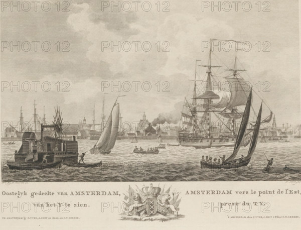 Eastern part of Amsterdam, seen from the IJ, Amsterdam vers le point de l'Est, presè du Ty, View of the eastern part of Amsterdam from the IJ, print, View of the eastern part of Amsterdam, seen from the IJ. In the foreground ships are sailing, in the distance the outlines of Amsterdam. In the margin the title in Dutch and French with the city's coat of arms in the center. Numbered top right: 6., printmaker: Mathias de Sallieth, after drawing by Dirk de Jong, publisher: Pieter Yver, Amsterdam, publisher: Smit & Zoon, Johannes, publisher: Frederik Willem Greebe, 1780 - 1787, paper, etching, engraving, height 280 mm x width 392 mm, Later state of print, also used in: Aa, Cornelis van der. Atlas van de zeehavens der Bataafsche Republiek. Met derzelverbeschrijvingen in XXXI kunstplaten, Atlas van de zeehavens der Bataafsche Republiek, die van Batavia en Onrust. Mitsgaders de gezichten van de haringvisscherij en de walvischvangst (…). Amsterdam: Evert Maaskamp, 1805. And in: New atlas of the...