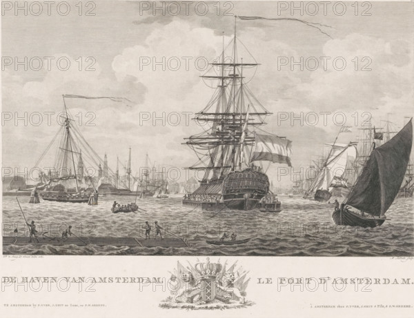 The Port of Amsterdam, Le port d'Amsterdam, View of the Port of Amsterdam, print, View of the Port of Amsterdam with various ships. In the distance the outlines of Amsterdam. In the margin the title in Dutch and French with the city's coat of arms in the center. Numbered top right: 5., printmaker: Mathias de Sallieth, after drawing by Dirk de Jong, publisher: Pieter Yver, Amsterdam, publisher: Smit & Zoon, Johannes, publisher: Frederik Willem Greebe, 1780 - 1787, paper, etching, engraving, height 281 mm x width 394 mm, Later state of print also used in: Aa, Cornelis van der. Atlas van de zeehavens der Bataafsche Republiek. Met derzelverbeschrijvingen in XXXI kunstplaaten, Atlas van de zeehavens der Bataafsche Republiek, die van Batavia en Onrust. Mitsgaders de gezichten van de haringvisscherij en de walvischvangst (…). Amsterdam: Evert Maaskamp, 1805. And in: New atlas of the most important buildings and views of the city of Amsterdam. With their concise descriptions. Amsterdam: Evert ...