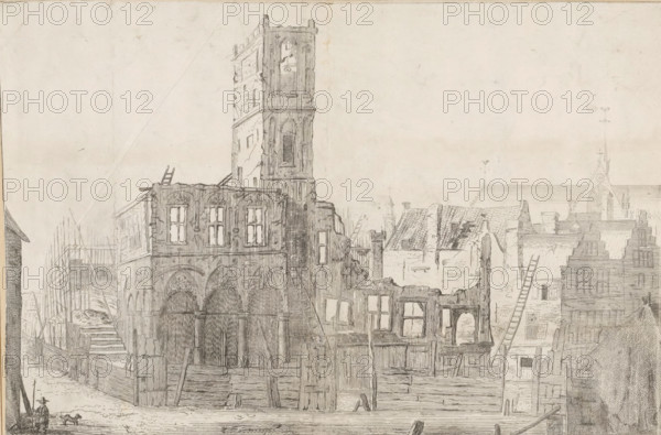 Ruins of the burned-down Old City Hall of Amsterdam, 1652, print, The ruins of the Old City Hall of Amsterdam after the fire of July 7, 1652. With ladders here and there against the facade, on the left a guard with a dog. In the background on the right the Nieuwe Kerk., inscription: 'The Old City Hall of Amsterdam, as it appeared after the fire', printmaker: Arnold Colom, Amsterdam, materials by function, paper, pencil, ink, etching, pen, brush, with pencil and pen and brush in brown, height 253 mm x width 382 mm, height 288 mm x width 416 mm, A detailed ink drawing of a street scene with a partially ruined multi-story stone building featuring arched openings at ground level and tall rectangular windows above, a tall tower with narrow arched openings rising behind it, adjacent damaged roofs with visible tiles and missing sections, scaffolding and ladders leaning against structures, boarded and fenced wooden barriers in front of the buildings, a stepped gable roof on a neighboring house...