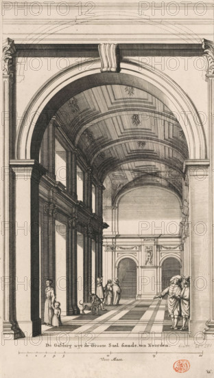 Part of the gallery surrounding the Civic Hall in the City Hall on the Dam, The Gallery seen from the Great Hall, North, print, book illustration, Part of the gallery surrounding the Civic Hall in the City Hall on the Dam in Amsterdam. View from the eastern gallery towards the corner of the northern gallery with the statue of Saturn. Figures walking and talking in the gallery. Below the title a scale bar: 20 Feet Maet. Marked bottom right: W., printmaker: Dancker Danckerts (possibly), Amsterdam, printmaker: Cornelis Danckerts (I) (possibly), after drawing by Jacob Vennekool, after design by Jacob van Campen, after sculpture by Artus Quellinus (I), 1661, Artus Quellinus (I), after sculpture by, paper, etching, engraving, height 395 mm x width 227 mm, A tall, vaulted interior space rendered in fine line engraving with a large arched opening in the foreground leading into a long corridor flanked by a colonnade and pilasters, a coffered barrel ceiling with decorative motifs, and a patterne...