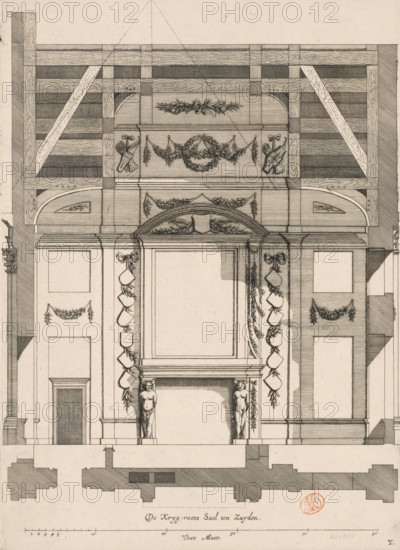 Southern wall of the War Council Chamber in the City Hall on the Dam, De Kryg-raets Sael ten Zuyden, print, book illustration, The southern wall of the War Council Chamber in the City Hall on the Dam in Amsterdam, provided with decorations. This room was located above the Magistrates' Hall. Below the title a scale bar: 50 Foot Maet. Marked bottom right: Y., printmaker: Dancker Danckerts (possibly), Amsterdam, printmaker: Cornelis Danckerts (I) (possibly), after drawing by Jacob Vennekool, after design by Jacob van Campen, publisher: Dancker Danckerts, 1661, Dancker Danckerts, Cornelis Danckerts (I), Jacob Vennekool, Jacob van Campen, printmaker, after drawing by, after design by, publisher, paper, etching, engraving, height 377 mm x width 271 mm, A detailed architectural drawing rendered in fine pen lines showing a symmetrical interior wall elevation with a large central opening framed by pilasters and an ornate overmantel topped by a decorative arch, flanked by panels and doors, with ...