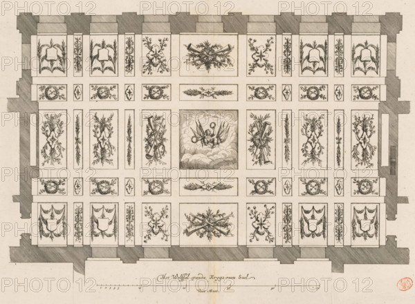 The Vault of the War Council Hall, Ceiling of the War Council Hall in the City Hall on the Dam, print, book illustration, Ceiling of the War Council Hall in the City Hall on the Dam in Amsterdam. This hall was located above the Magistrates' Hall. Below the title a scale bar: 50 Feet Maet. Marked bottom right: Z., printmaker: Dancker Danckerts (possibly), Amsterdam, printmaker: Cornelis Danckerts (I) (possibly), after drawing by Jacob Vennekool, after design by Jacob van Campen, publisher: Dancker Danckerts, 1661, Dancker Danckerts, Cornelis Danckerts (I), Jacob Vennekool, Jacob van Campen, printmaker, after drawing by, after design by, publisher, paper, etching, engraving, height 372 mm x width 498 mm, A rectangular architectural plan shows a grid of decorative rectangular panels arranged within a bordered frame, each panel containing intricate engraved motifs such as floral garlands, wreaths, crossed horns, leafy sprays, and stylized medallions. The outer border is rendered with hatch...