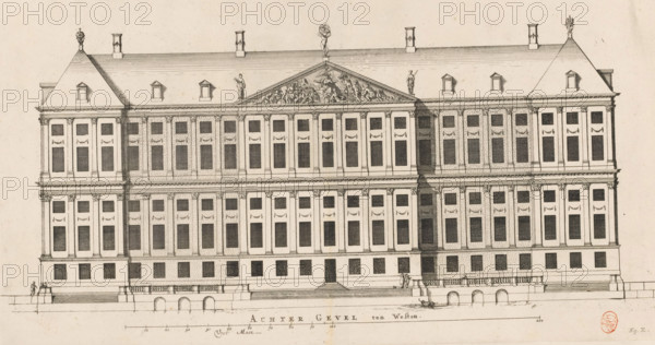 Rear facade (west side) of the City Hall on the Dam, Rear Facade to the West, print, book illustration, Rear facade on the west side of the City Hall on the Dam in Amsterdam. Below the title a scale bar: 200 Feet Maet. Marked in the lower right: Fig. E., printmaker: Dancker Danckerts (possibly), Amsterdam, printmaker: Cornelis Danckerts (I) (possibly), after drawing by Jacob Vennekool, after design by Jacob van Campen, 1661, paper, etching, engraving, height 412 mm x width 516 mm, A detailed architectural drawing of a large symmetrical building facade with three main floors and an attic level under a steep hipped roof, rendered in fine black lines on a light background. The facade shows rows of tall rectangular windows set within pilastered bays, decorative garland motifs above many window openings, and evenly spaced Corinthian-style capitals along the cornice lines. A central pediment with sculptural relief sits above the main entablature, flanked by standing statues on the roofline a...
