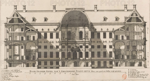 Cross-sectioned Facade of the Amsterdam City Hall. Its front facade to the east removed, Cross-section of the City Hall on the Dam, lengthwise, print, book illustration, Longitudinal section of the City Hall on the Dam in Amsterdam. Shows a view of part of the interior and the courtyard facade of the rear (western) part of the building, viewed from the east. Bottom left the legend AG. Bottom center the title and a scale bar: 200 Voet Maet. Bottom right the legend HO. Bottom right in the corner marked: Fig. H., printmaker: Dancker Danckerts (possibly), Amsterdam, printmaker: Cornelis Danckerts (I) (possibly), after drawing by Jacob Vennekool, after design by Jacob van Campen, 1661, paper, etching, engraving, height 398 mm x width 485 mm, A sepia-toned architectural engraving shows a large symmetrical building façade cut away to reveal interior rooms and structural details. The central section features a grand arched opening with decorative reliefs and statues above an ornate entrance fl...