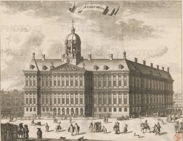 View of the front of the City Hall on the Dam, Stadt Huys, print, book illustration, View of the front of the City Hall on the Dam in Amsterdam. At the top center a banner with the title. Various figures on the Dam. On the left a number of houses in the Gasthuissteeg., printmaker, paper, etching, height 272 mm x width 348 mm, Current state of print also used in: Commelin, Caspar. Beschryvinge van Amsterdam, desselfs eerste oorspronk uyt den Huyse (…). 2 volumes. Amsterdam: Abraham Wolfgang, Gillis Janssonius van Waesberge, Johannes Janssonius van Waesberge II, widow Dirk Boom I, Hendrick Boom and Rembertus Goethals, Caspar. Description of Amsterdam, being an accurate treatise on its first origin from (…). 2 volumes. Amsterdam: widow Aart Dircksz Oossaan, being an accurate treatise on its first origin from (…). 2 volumes. 2nd edition. Amsterdam: Andries van Damme, Johannes Ratelband, widow A. van Aaltwyk and Hermanus Uytwerf, 1726., town hall, square, circus, etc. (city(-scape) with fig...