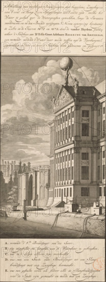 Demonstration of the hose fire engines at the water of the Nieuwezijds Voorburgwal behind the City Hall, 1672-1673, Illustration of various fire engines, with flexible suction hoses on one side and long leather hoses on the other side (…), print, book illustration, Demonstration of the use of the hose fire engines by pumping water from the Nieuwezijds Voorburgwal and spraying it over the City Hall (1672-1673). The caption contains the explanation of the letters AE in Dutch. A second plate with text is printed above the plate. Plate 22 in the reprint of the Brandspuitenboek by Jan van der Heyden from 1735., printmaker: attributed to Laurens Scherm, Amsterdam, 1690 - 1702, 1735, Attributed to, paper, etching, engraving, height 301 mm x width 120 mm x height 59 mm x width 120 mm x height 242 mm x width 120 mm, Print also used in: Heyden, Jan van der. Beschryving der nieuwlyks gevonden en geoctrojeerde slang-brand-spuiten en haare wyze van brand-blussen, tegenwoordig binnen Amsterdam in ge...