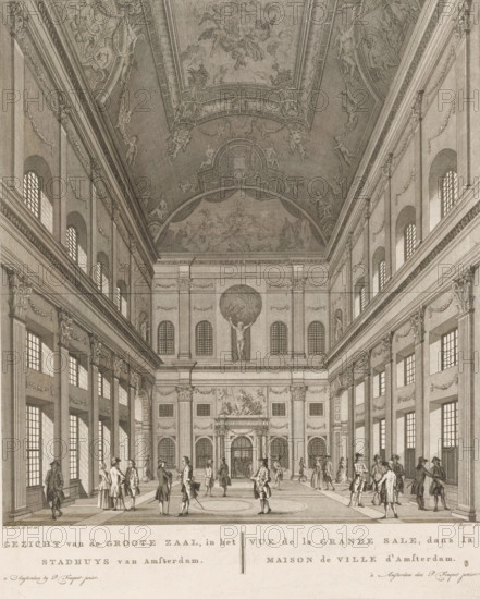 West side of the Civic Hall in the City Hall on the Dam, View of the Great Hall, in the City Hall of Amsterdam, Vue de la Grande Sale, dans la Maison de Ville d'Amsterdam, print, The west side of the Civic Hall in the City Hall on the Dam in Amsterdam. In the background in the center, the entrance to the Magistrates' Hall. Above it in the center, Justitia (Justice), beneath her feet King Midas as the personification of Greed and Invidia, the personification of Envy and Jealousy. To the left of Justitia, Death, to the right the personification of Punishment. Above that, the statue of Atlas. Various figures are walking and talking in the hall. Below the image, the title in Dutch and French. Numbered top right: 4*., printmaker: Cornelis Bogerts, Amsterdam, after drawing by Hendrik Keun, publisher: Pierre Fouquet, 1771 - 1783, paper, etching, engraving, height 368 mm x width 305 mm, A large, high-ceilinged hall with ornate architectural details and tall arched windows lining both long side...