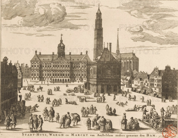 View of the City Hall, the Nieuwe Kerk and the Weigh-House on the Dam in Amsterdam, Stadt-Huys, Waegh en Marckt van Amsteldam anders genaemt den Dam, print, View of the Dam in Amsterdam. To the left of the center the City Hall. To the right of the center the Nieuwe Kerk with the never completed tower, in front of it the Weigh-House., printmaker, paper, etching, engraving, height 148 mm x width 193 mm, church (exterior), townhall, parts of church exterior and annexes: tower, weigh-house, Amsterdam, Dam (Amsterdam), Nieuwe Kerk (Amsterdam), City Hall of Amsterdam (1655-1808), Weigh-House on the Dam, A wide sepia-toned engraving depicting a large open square filled with small groups of people walking, standing, and engaging in market activities, with scattered animals and carts; in the background a grand multi-story building with a central dome and ornate façade faces the square, flanked by other tall structures including a tall, slender tower and a church with pointed spire; closer to th...