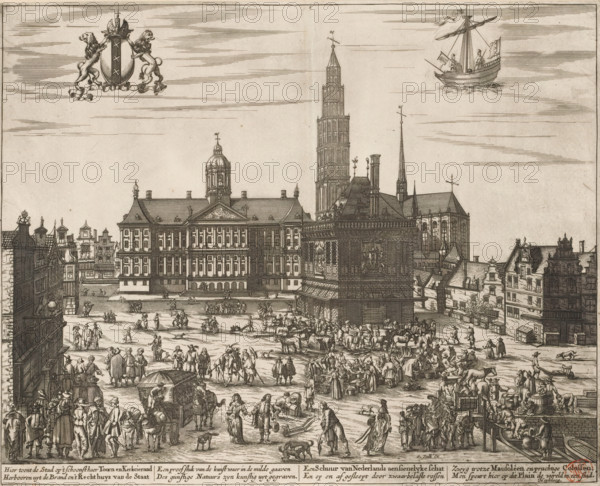 View of the City Hall, the Nieuwe Kerk, and the Waag on the Dam in Amsterdam, print, View of the Dam in Amsterdam. To the left of the center, the City Hall. To the right of the center, the Nieuwe Kerk with the never-completed tower; in front of it, the Waag. Top left, the city's coat of arms; top right, a depiction of the city seal. Front left, the business of Hendrick Hondius II, 'de Wackere Hond', with a dog as a trademark on the facade. On the Dam, market traders and merchants; goods on the quay in the foreground on the right. In the caption an eight-line verse in Dutch., printmaker, publisher, writer (clerical worker), Amsterdam, paper, etching, engraving, height 290 mm x width 358 mm, dog, church (exterior), town hall, parts of church exterior and annexes: tower, coat of arms (as symbol of the state, etc.) (city, municipal), weigh-house, seal (as symbol of the state, Dam (Amsterdam), Nieuwe Kerk (Amsterdam), Amsterdam City Hall (1655-1808), Weigh House on the Dam, A detailed black...