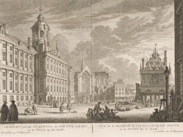 View of the City Hall, the New Church and the Weigh House on the Dam, Vue de la Maison de Ville, l'Eglise Neuve et le Poids sur le Dam, the New Church and the Weigh House on the Dam in Amsterdam, print, View of the Dam in Amsterdam, seen from the south. On the left the City Hall, in the middle the New Church, on the right the Weigh House. Below the image the title in Dutch and French. Numbered at the top right: 3., printmaker: Simon Fokke, Amsterdam, after design by, publisher: Pierre Fouquet, 1762 - 1783, Pierre Fouquet, printmaker, publisher, paper, etching, engraving, height 282 mm x width 386 mm, This print was also used in the so-called Atlas of Fouquet.* From 1760 onwards, Pierre Fouquet published cityscapes of Amsterdam – based on drawings by various artists, made by various printmakers. These prints were initially sold individually or in series. As was customary at the time, the buyer could have the prints bound themselves. To this end, between 1778 and 1783, Fouquet published ...
