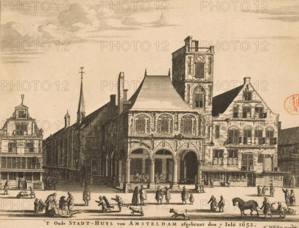 The Old Town Hall of Amsterdam burned down on July 7, 1652, View of the Old Town Hall in Amsterdam, print, View of the Old Town Hall in Amsterdam on the west side of the Dam. On the far left the first house of the Kalverstraat, to the right of that the Gasthuissteeg., after painting by Pieter Jansz Saenredam (possibly), Amsterdam, publisher: Nicolaes Visscher (I), publisher: widow Nicolaes Visscher (II), 1652 - 1720, printmaker, paper, etching, engraving, height 149 mm x width 196 mm, townhall, Dam (Amsterdam), Amsterdam City Hall (14th century-1652), Kalverstraat, St. Elisabeth's Hospital (Amsterdam), A detailed ink drawing of a row of buildings with ornate facades and varied rooflines, including a central structure with arched openings at ground level, a steep gabled roof, decorative window frames, and a tall tower rising behind it with a clock face; adjacent buildings show stepped gables, multiple windows, and a narrow spire with a weather vane. The foreground shows a street scene w...