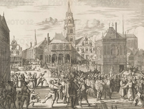 The image of how the Magistracy and Clergy of the city of Amsterdam were escorted out and brought aboard on May 26, 1578, Alteration of Amsterdam, May 26, print, historical print, 1578. The pro-Spanish city government and the Roman Catholic clergy are forced to leave; on the quay at the Dam, they board waiting boats., printmaker: Jan Luyken, Amsterdam, 1679, 1703, paper, etching, height 271 mm x width 344 mm, A densely detailed ink engraving shows a bustling town square filled with many people engaged in varied activities; there are groups of figures clustered in the foreground, some gesturing, some carrying long poles, and others wearing cloaks and wide-brimmed hats, with a dog among them. In the middle ground a crowd forms around a procession of armed men carrying pikes and banners, and farther back there is a lively scene of people running, carts being pulled, and figures climbing or standing on raised platforms beneath arcaded buildings. The architecture includes a prominent multi-...