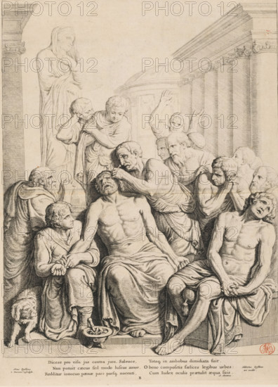 Relief depicting the Judgment of Zaleucus in the Vierschaar of the City Hall on the Dam, print, book illustration, Relief depicting the Judgment of Zaleucus in the Vierschaar of the City Hall on the Dam in Amsterdam. Lawgiver Zaleucus, seated in the center, while one of his eyes is being gouged out. On the right sits his son, who would follow him. Zaleucus was responsible for the introduction of strict laws. Adultery was thus punished by the gouging out of both eyes of the offender. When his own son was caught in adultery, he decided to take half the punishment upon himself, and one eye was gouged out of both himself and his son. The Vierschaar was a public court used by the bailiff and aldermen solely for pronouncing death sentences. Below the image are two columns with three lines of Latin text. Marked in the bottom center: B., printmaker: Hubert Quellinus, Amsterdam, after sculpture by Artus Quellinus (I), publisher: Artus Quellinus (I), 1655, after sculpture by, paper, etching, eng...