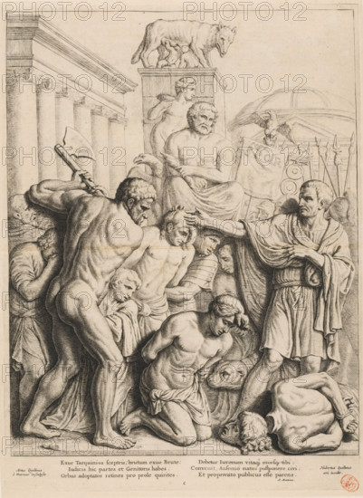 Relief depicting the Judgment of Lucius Junius Brutus in the Vierschaar of the City Hall on the Dam, print, book illustration, Relief depicting the Judgment of Lucius Junius Brutus in the Vierschaar of the City Hall on the Dam in Amsterdam. Consul Lucius Junius Brutus, standing on the right, signals the executioner to carry out the sentence and behead his son. His other son has already been beheaded and lies at his feet. When a plot against the young Roman Republic came to light and Brutus' sons Titus and Tiberius turned out to be among the conspirators, he condemned them—just like the others—to death. The Vierschaar was a public court used by the bailiff and aldermen solely for pronouncing death sentences. Below the image are two columns with three lines of Latin text. Marked in the bottom center: C., printmaker: Hubert Quellinus, Amsterdam, after design by Hubert Quellinus, after sculpture by Artus Quellinus (I), publisher: Artus Quellinus (I), 1655, Hubert Quellinus, Artus Quellinus...