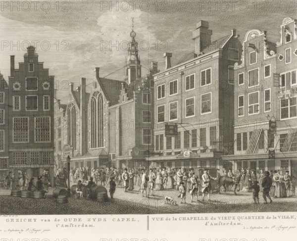 View of the St. Olof's Chapel (Oudezijds Chapel) in Amsterdam, View of the Oude Zyds Capel, t' Amsterdam, Vue de la Chapelle du Vieux Quartier de la Ville, d' Amsterdam, print, View of the St. Olof's Chapel, also known as the Oudezijds Chapel, on the Zeedijk side in Amsterdam. Seen from the Prins Hendrikkade. Below the image, the title in Dutch and French. Numbered in the upper right: 47., printmaker: Hermanus Petrus Schouten (possibly), Amsterdam, publisher: Pierre Fouquet, c. 1770 - 1783, paper, etching, engraving, height 287 mm x width 374 mm, This print was also used in the so-called Atlas of Fouquet.* From 1760 onwards, Pierre Fouquet published cityscapes of Amsterdam – based on drawings by various artists, made by various printmakers. These prints were initially sold individually or in series. As was customary at the time, the buyer could have the prints bound themselves. To this end, between 1778 and 1783, Fouquet published a title page, map, and table of contents of the 100 pri...