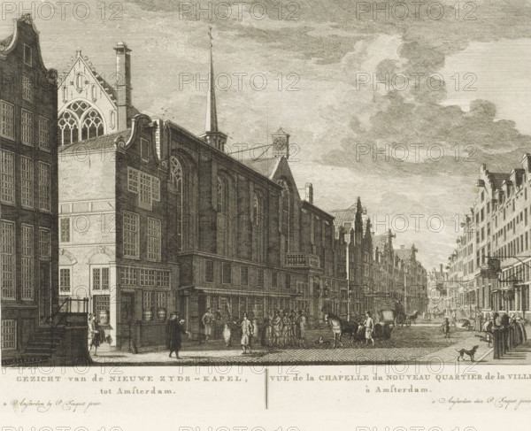 View of the Nieuwe Zyds-Kapel, in Amsterdam, Vue de la Chapelle du Nouveau Quartier de la Ville, à Amsterdam, View of the Nieuwezijds Chapel in Amsterdam, print, View of the Holy Place, also known as the Nieuwezijds Chapel, on the Kalverstraat side in Amsterdam. Below the image, the title in Dutch and French. Numbered in the upper right: 48., printmaker: Hermanus Petrus Schouten (possibly), Amsterdam, publisher: Pierre Fouquet, c. 1770 - 1783, paper, etching, engraving, height 273 mm x width 368 mm, This print was also used in the so-called Atlas of Fouquet.* From 1760 onwards, Pierre Fouquet published cityscapes of Amsterdam – based on drawings by various artists, made by various printmakers. These prints were initially sold individually or in series. As was customary at the time, the buyer could have the prints bound themselves. To this end, between 1778 and 1783, Fouquet published a title page, map, and table of contents of the 100 prints published so far (1). Given that the content...