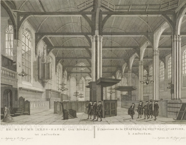 Interior of the Nieuwezijds Chapel in Amsterdam, The Nieuwe Zyds-Kapel van Binne, tot Amsterdam, L'interieur de la Chapelle du Nouveau Quartier, à Amsterdam, print, Interior of the Holy Place (Nieuwezijds Chapel), located between Kalverstraat and Rokin in Amsterdam. On the left, a man is digging a grave. Below the image, the title in Dutch and French. Numbered in the upper right: 48*., printmaker: Cornelis Bogerts, Amsterdam, after drawing by Hermanus Petrus Schouten, publisher: Pierre Fouquet, c. 1770 - 1783, Cornelis Bogerts, Hermanus Petrus Schouten, Pierre Fouquet, printmaker, after drawing by, publisher, paper, etching, engraving, height 294 mm x width 396 mm, This print was also used in the so-called Atlas of Fouquet.* From 1760 onwards, Pierre Fouquet published cityscapes of Amsterdam – based on drawings by various artists, made by various printmakers. These prints were initially sold individually or in series. As was customary at the time, the buyer could have the prints bound ...