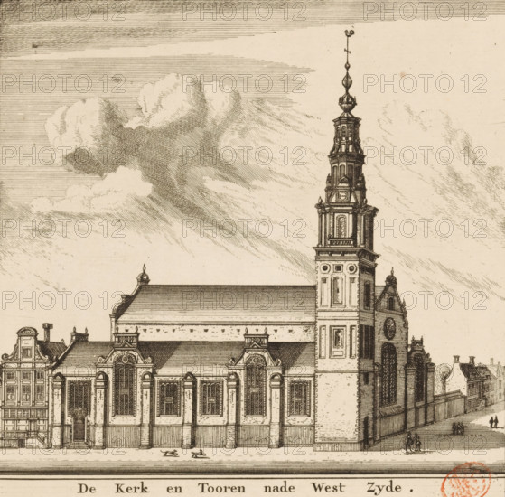View of the west side of the Zuiderkerk in Amsterdam, The Church and Tower towards the West Side, print, View of the west side of the Zuiderkerk in Amsterdam. Several figures on the street., printmaker: Pieter van den Berge (possibly), Amsterdam, printmaker: Daniël Stopendaal (possibly), 1685 - 1737, paper, etching, engraving, height 168 mm x width 171 mm, An etching of a large ornate building with a tall detailed tower rising from one corner, featuring arched windows, decorative pediments, and a steep roof; the facade shows rows of tall windows set between pilasters and ornamental roofline elements, while small figures walk near the building and two small animals lie on the ground in front; the sky above contains textured clouds rendered with parallel and cross-hatched lines.