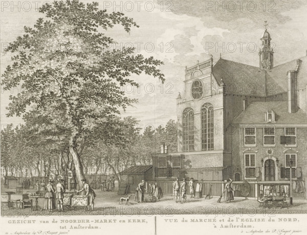 View of the Noordermarkt and Noorderkerk in Amsterdam, View of the Noorder-Markt and Church, in Amsterdam, Vue de Marché et de l'Eglise du Nord, à Amsterdam, print, View of the Noordermarkt and Noorderkerk in Amsterdam. Among other things, furniture, clothing, and fabrics are offered for sale at the market. Below the image, the title in Dutch and French. Numbered in the upper right: 51., printmaker: Hermanus Petrus Schouten, Amsterdam, after drawing by Hermanus Petrus Schouten, publisher: Pierre Fouquet, c. 1770 - 1783, Hermanus Petrus Schouten, Pierre Fouquet, printmaker, after drawing by, publisher, paper, etching, engraving, height 275 mm x width 363 mm, A detailed pen-and-ink scene shows a large tree with dense foliage on the left and an ornate brick building with tall arched windows and a decorative circular window on the right, a tower with a clock rising behind the roof, and a smaller attached house with rectangular windows and an arched doorway; in the foreground people in peri...