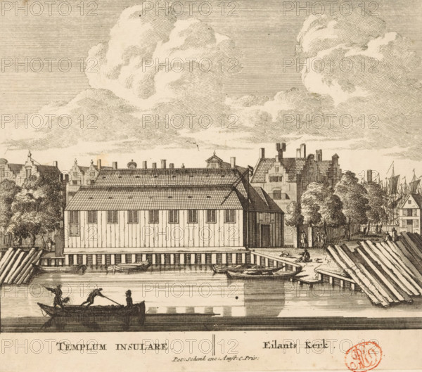 Templum Insulare, Eilants Kerk, View of the Eilandskerk in Amsterdam, 100 Illustrations of the most important buildings of Amsterdam, print, Series number, 25, 100, View of the Eilandskerk on Bickerseiland in Amsterdam, seen from the west. Below the image, the title in Latin and Dutch. Numbering in the lower right corner largely cut off 25., printmaker, grantor of privilege, Barent Greve, paper, etching, engraving, height 168 mm x width 193 mm, Current state of print also used in: 100 Illustrations of the most important buildings of Amsterdam. Amsterdam, Pieter Schenk (I), sa. 1757-1766.* *In the second edition, published by Barent Greve, only the title page has been modified. The other prints have remained unchanged., church (exterior), Amsterdam, Bickerseiland, Eilandskerk, A sepia-toned etching shows a waterfront scene with a large gabled building on stilts extending over the water, a row of smaller buildings and trees behind it, and several small rowboats moored along the dock and ...