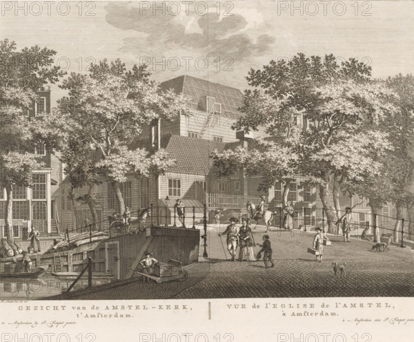 View of the Amstel Church, in Amsterdam, View of the Amstel Church in Amsterdam, print, View of the Amstel Church on the Amstelveld, at the corner of Kerkstraat and Reguliersgracht in Amsterdam. Various figures on the bridge in Kerkstraat. Including, to the right of the center, a possibly black begging boy. Below the image, the title in Dutch and French. Numbered in the upper right: 54., printmaker: Hermanus Petrus Schouten (possibly), Amsterdam, publisher: Pierre Fouquet, c. 1770 - 1783, paper, etching, engraving, height 285 mm x width 375 mm, This print was also used in the so-called Atlas of Fouquet.* From 1760 onwards, Pierre Fouquet published cityscapes of Amsterdam – based on drawings by various artists, made by various printmakers. These prints were initially sold individually or in series. As was customary at the time, the buyer could have the prints bound themselves. To this end, between 1778 and 1783, Fouquet published a title page, map, and table of contents of the 100 print...
