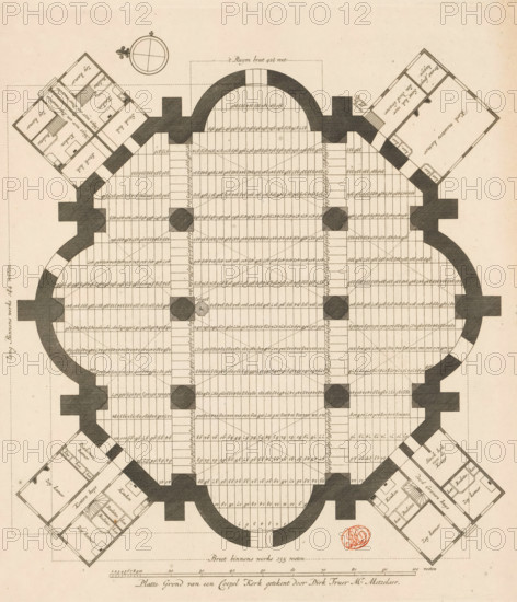 Floor plan of a domed church on the Botermarkt in Amsterdam, Floor Plan of a Dome Church drawn by Dirk Truer Mr. Metzelaer, design, print, Floor plan of a domed church for the Botermarkt, the current Rembrandtplein, in Amsterdam. At the bottom center a scale bar: 100 feet. Unexecuted architectural design., printmaker: Joost van Sassen, Amsterdam, after drawing by Dirk Truer, publisher: Reinier Ottens (I), publisher: Josua Ottens, 1736, paper, engraving, etching, height 341 mm x width 307 mm, interior of church, church (exterior), plan, architecture, Rembrandtplein, Botermarkt (Amsterdam), A detailed architectural floor plan rendered in ink on aged paper, showing a large symmetrical central hall with a rounded cloverlike outline and thick shaded perimeter walls, a grid of small rectangular bays filling the interior, dotted diagonal guides across the grid, and several solid shaded circular or octagonal column bases positioned within the hall; attached to the central hall at angled corner...