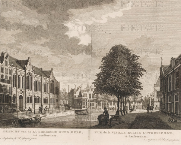 View of the Old Lutheran Church in Amsterdam, View of the Old Lutheran Church, in Amsterdam, Vue de la Vieille Eglise Lutherienne, à Amsterdam, print, On the left the Old Lutheran Church, located on the corner of the Spui and the Singel in Amsterdam, seen from the Spui side. Below the image the title in Dutch and French. Numbered in the upper right: 59., printmaker: Hermanus Petrus Schouten (possibly), Amsterdam, publisher: Pierre Fouquet, c. 1770 - 1783, paper, etching, engraving, height 279 mm x width 373 mm, This print was also used in the so-called Atlas of Fouquet.* From 1760 onwards, Pierre Fouquet published cityscapes of Amsterdam – based on drawings by various artists, made by various printmakers. These prints were initially sold individually or in series. As was customary at the time, the buyer could have the prints bound themselves. To this end, between 1778 and 1783, Fouquet published a title page, map, and table of contents of the 100 prints published so far (1). Given that...