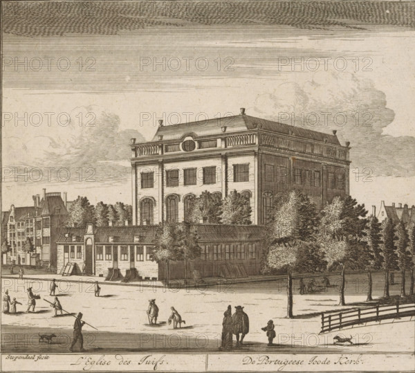 The Church of the Jews, The Portuguese Jewish Church, View of the Portuguese Synagogue in Amsterdam, print, book illustration, with Rapenburgerstraat on the left and Deventer Houtmarkt (the current Jonas Daniël Meijerplein) on the right. Various figures are depicted. Numbered top right: Page 160. Below the image, the title in Dutch and French., check stamp: 'Archief Ministerie van Oorlog Afdeeling Genie', printmaker: Daniël Stoppendaal, Amsterdam, publisher: Covens & Mortier & Covens Jr. (possibly), 1685 - 1726, 1772, Daniël Stopendaal, paper, etching, engraving, height 173 mm x width 196 mm, Current state of print also used in: Le guide, ou nouvelle description d'Amsterdam, enseignant aux voyageurs, et aux negocians (…) Avec une description de sa belle Maison de Ville (…). Amsterdam: Covens & Mortier & Covens Jr., p. 160., the Synagogue (as building and place of worship, Jewish religion), street (city(-scape) with figures, staffage), 'Sephardim', Jewish communities, Portuguese Synagog...